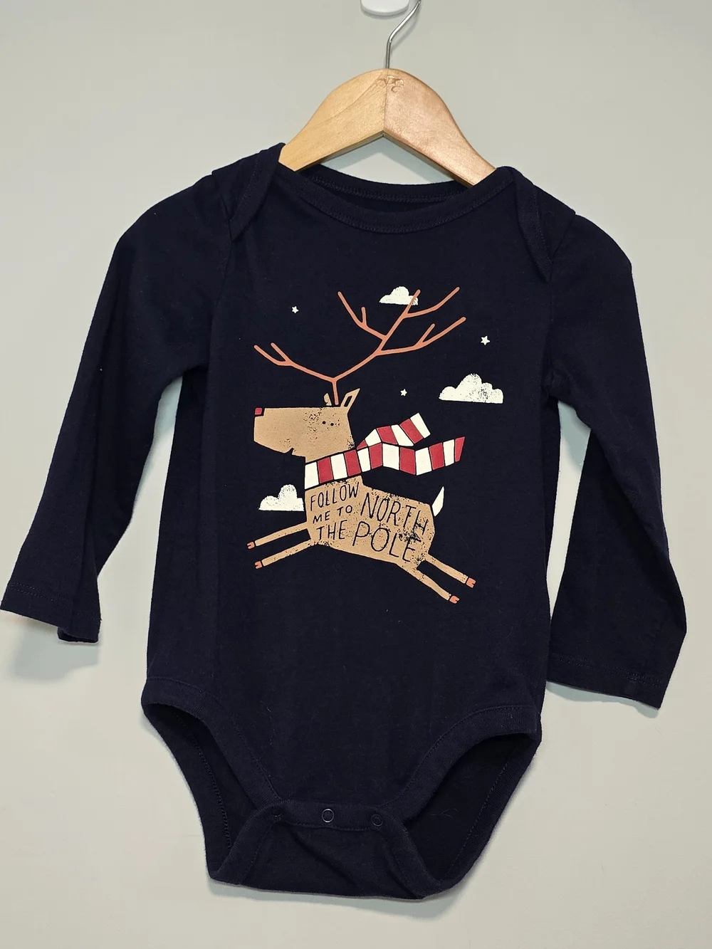 GAP Navy Holiday Reindeer Graphic Long-Sleeve Bodysuit Onesie.